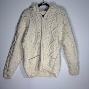 Handmade Ecuador 100% Wool Zip Up Sweater Hoodie Cable Knit Cream Unisex L